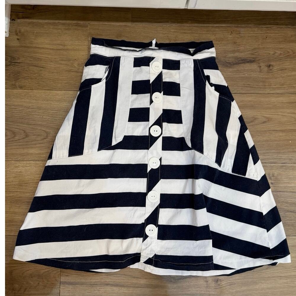Shabby Apple Navy White Stripe Button-Front A-Line Midi Skirt Size S